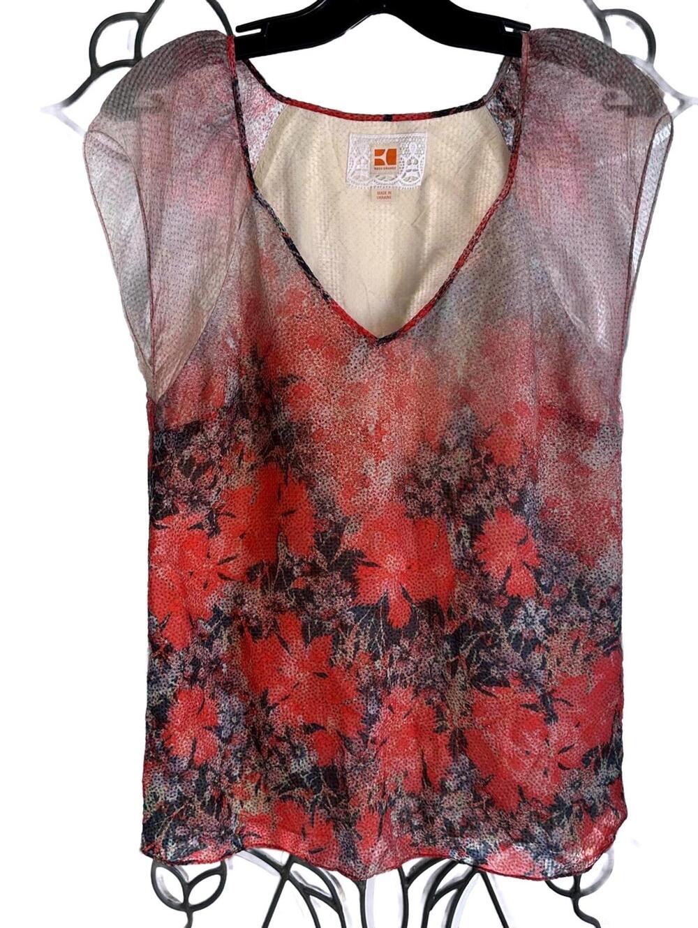 BOSS Orange Women's Sheer Floral Blouse Red Black Cap Sleeve V-Neck Top- L